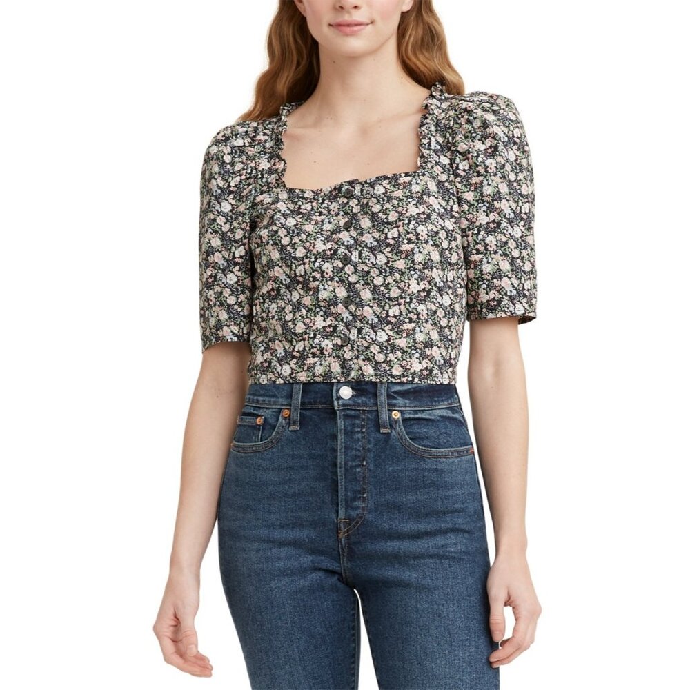 Levis Top Black Joella Floral Print Cropped Short Sleeve Button NWT